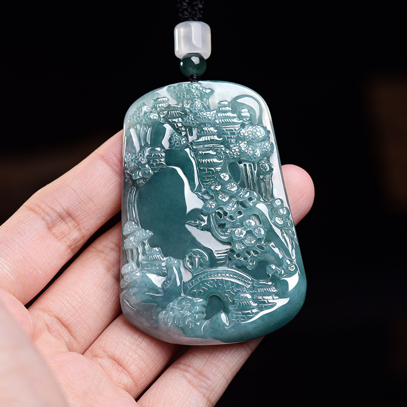 Vintage Necklace - Collier pendentif paysage en jadéite birmane